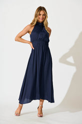 Navy Satin Halter Maxi Dress from Costa Rica